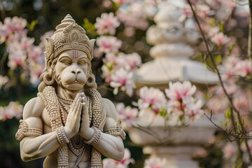A photo of Hanuman standing in a meditative pose against the backdrop of a blooming garden