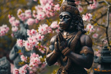 Obraz premium A photo of Hanuman standing in a meditative pose against the backdrop of a blooming garden