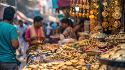 A photo of a market bustling with activity, with vendors selling gold jewelry, coins, and other items considered auspicious for purchase on Akshaya Tritiya