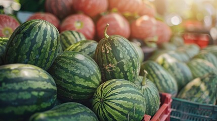 Group of fresh watermelons for sale in a market