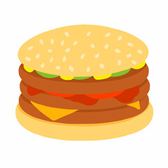 Burger with triple meat cutlet, ketchup, mustard, cheese, slice of cucumber icon in cartoon flat style. Vector illustration isolated on white background. For menu, poster, infographic, restaurant.