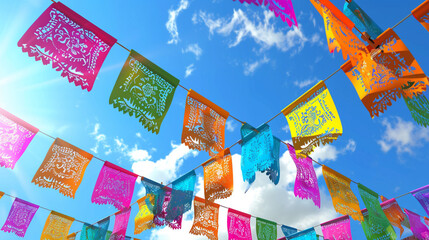 A vibrant Cinco de Mayo fiesta with papel picado banners fluttering in the breeze.