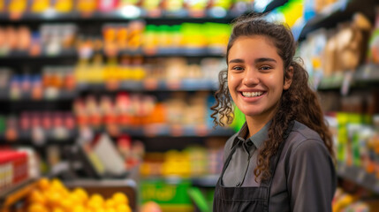 Fototapeta premium Young Cashier Smiling in Supermarket with Bright Aisles.