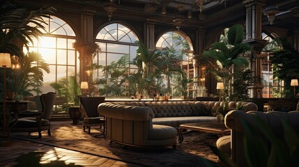 Fototapeta premium Interior of a hotel. AI generated art illustration.