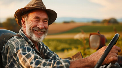 Farmer with a Genuine Smile Driving Tractor at Sunset.