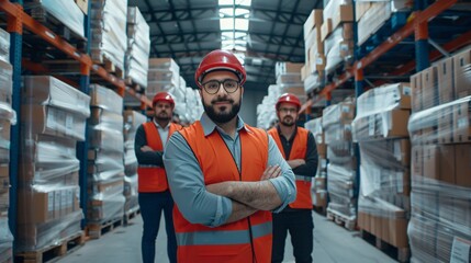 Three workers in reflective vests and hard hats stand confidently in a well-stocked warehouse, showcasing logistics operations.
