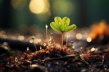 Young green sprouts in the forest on a bokeh background. The concept of awakening nature, preserving the environment. Generated by artificial intelligence - obrazy, fototapety, plakaty