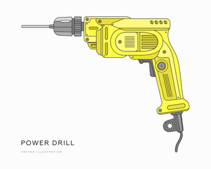 Yellow power drill isolated on white background. Vector illustration