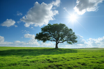 Fototapeta na wymiar tree on a meadow, summer and green field with grass, beautiful earth, nature and environment