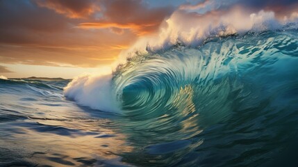 Majestic ocean wave curling under a vibrant sunset sky.