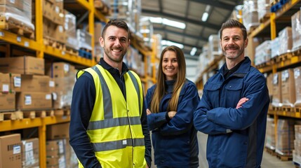 Three warehouse workers in safety vests and uniforms standing confidently in a well-organized industrial storage area.