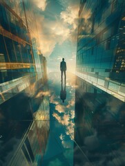 A businessman stands atop a glass building, surrounded by magnificent reflections, with the sun setting against the city skyline.