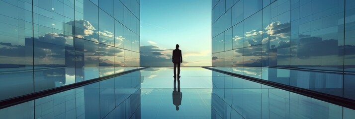 A businessman stands atop a glass building, surrounded by magnificent reflections, with the sun setting against the city skyline.