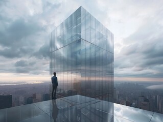 A businessman stands atop a glass building, surrounded by magnificent reflections, with the sun setting against the city skyline.