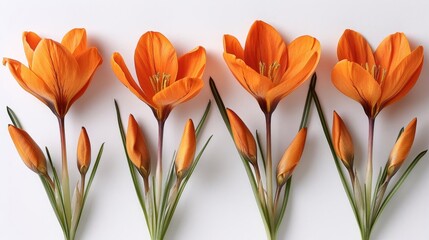 Four orange crocus flowers on a white background
