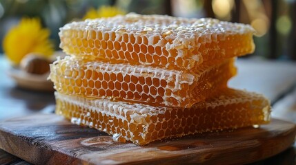 Three pieces of honeycomb stacked on a wooden table.