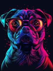 Vibrant Neon-Colored Illustration of a Bulldog Wearing Sunglasses.