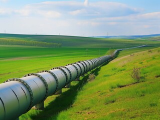 Large metal pipeline extending over vibrant green hills, symbolizing energy infrastructure in rural landscapes.