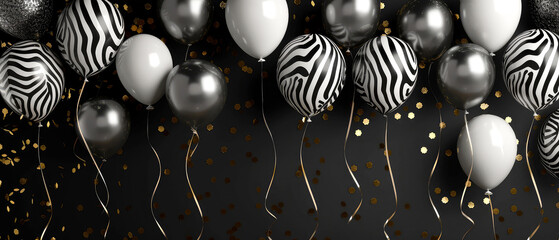 Celebrations background with glossy, helium balloons, golden confetti decoration. Zebra texture, stripes pattern. Holidays mockup. Birthday greeting card. Generative ai - obrazy, fototapety, plakaty