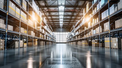 Warehouses employ automated systems for inventory management, order processing, and logistics, optimizing storage space and enhancing supply chain efficiency. - obrazy, fototapety, plakaty