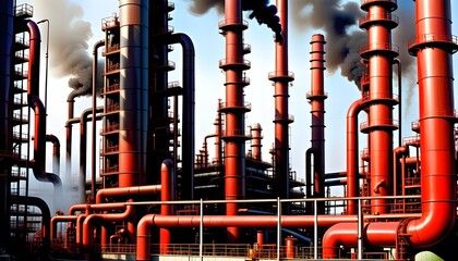 Industrial Complexity: Red Pipes and Smokestacks