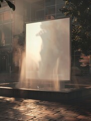 Blank Poster Reflected on Water Fountain Creating Illusion of Floating Art