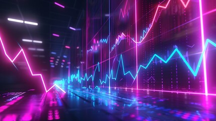 an artistic portrayal of business economics through neon-infused charts. Capture the essence of growth and decline analytics against an abstract neon background