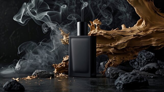 Minimalist matte black perfume bottle. A square bottle in the dark with golden bark behind it. Smoke surrounds the black background,take product photos and advertisements
