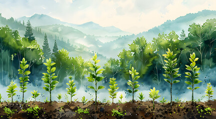 Budding Woodlands: Watercolor Painting Showcasing Reforestation's Early Growth and AR Education - obrazy, fototapety, plakaty