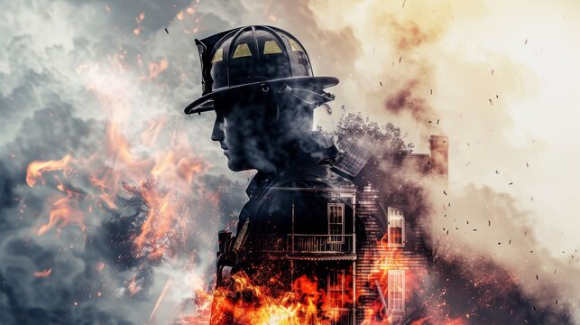 Double exposure photograph of a fireman with fire background