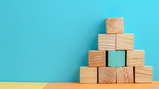 Key points inscribed on wooden blocks against a blue backdrop Abstract representation with room for text