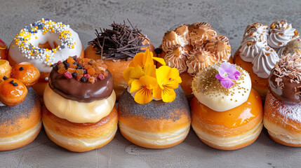 Obraz na płótnie Canvas A row of beautifully decorated sugar donuts, a sweet temptation.