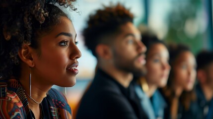 Obraz premium Team Interaction Hispanic Professional Sharing Insights During a Multicultural Team Discussion