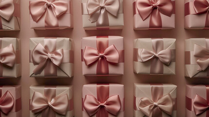 A row of beautifully wrapped gift boxes with ribbons and bows.