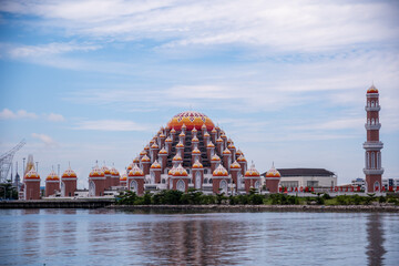 The 99 Domes Mosque, a beautiful Mosque with unique architecture, located in famous destination, Losari Beach, Makassar, South Sulawesi, Indonesia. A new Landmark of Makassar City.