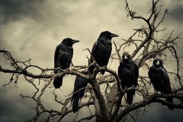 Obraz premium Crows perched on spooky tree branches.