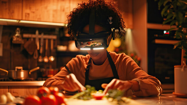 A stylish chef prepares a dish according to a recipe using augmented reality glasses in the kitchen