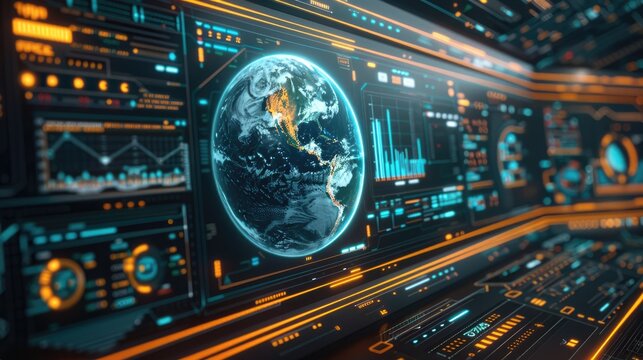 Advanced futuristic display screen featuring holographic representation of Earth and digital telemetry data for computer desktop background