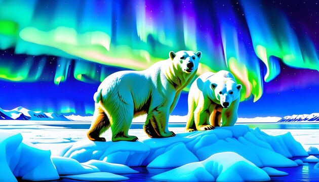 Polar Bears under Northern Lights