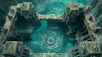 Detailed D&D map concept of a forgotten underwater empire, intricate ruins and mythical architecture, creating a sense of ancient grandeur and lost stories; sharp 4k graphics - obrazy, fototapety, plakaty