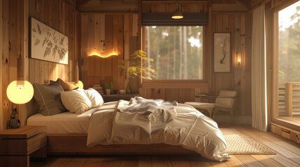 A bedroom featuring wooden walls and a spacious bed in the center of the room
