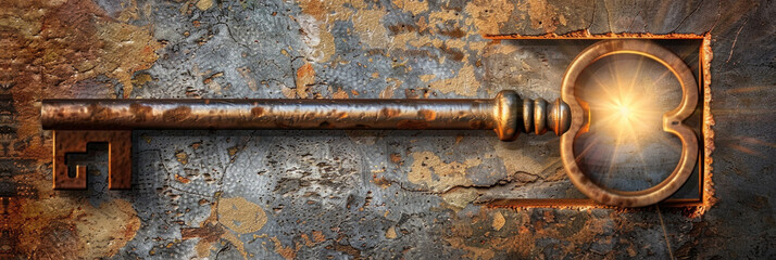 An old metal door covered in rust, with a key hanging on its handle, suggesting a sense of...
