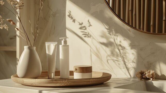 Tray with blank white skincare tubes and skincare jars in the bathroom with mirror In the style of natural earth tones, wood,Take product photos and advertisements