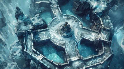 D&D inspired fortress map, detailed with a labyrinth of traps such as freezing ice storms and explosive runes, challenging for any RPG adventure - obrazy, fototapety, plakaty