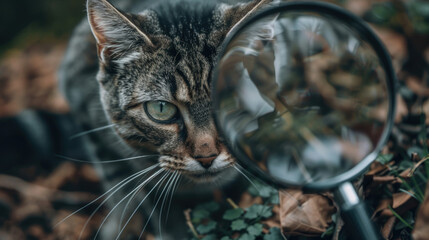 A cat curiously peers through a magnifying glass, investigating its surroundings