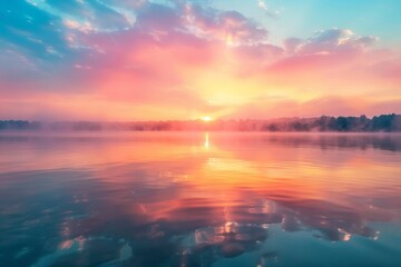 Colorful sunrise over a calm lake with mist rising from the water.