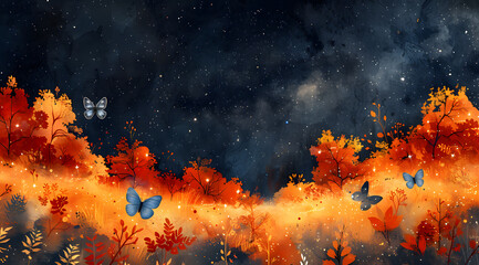 Starry Nocturne: Watercolor Scene of Blue Butterflies Amid Moonlit Autumn Leaves