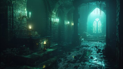 A dimly lit fortress interior, lined with summoned familiars glowing with arcane energy, a scene straight out of a fantasy adventure game. - obrazy, fototapety, plakaty