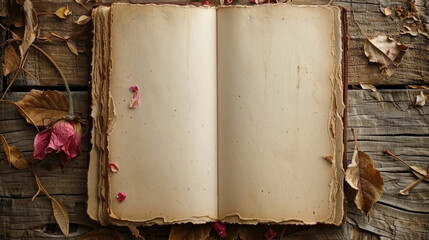 An open book rests on a wooden table