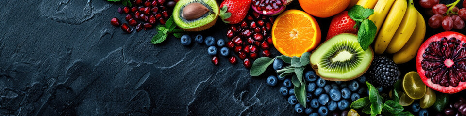 Different types of fruit, such as apples, bananas, oranges, and grapes, are arranged together on a black background